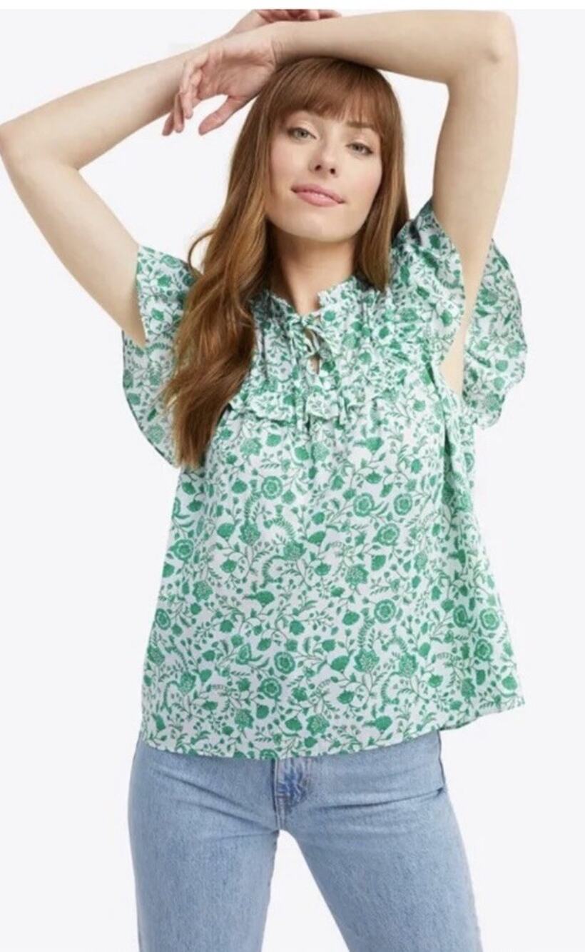 Draper James Flutter Sleeve Top Blouse Shirt Woodblock Floral Size Small EUC